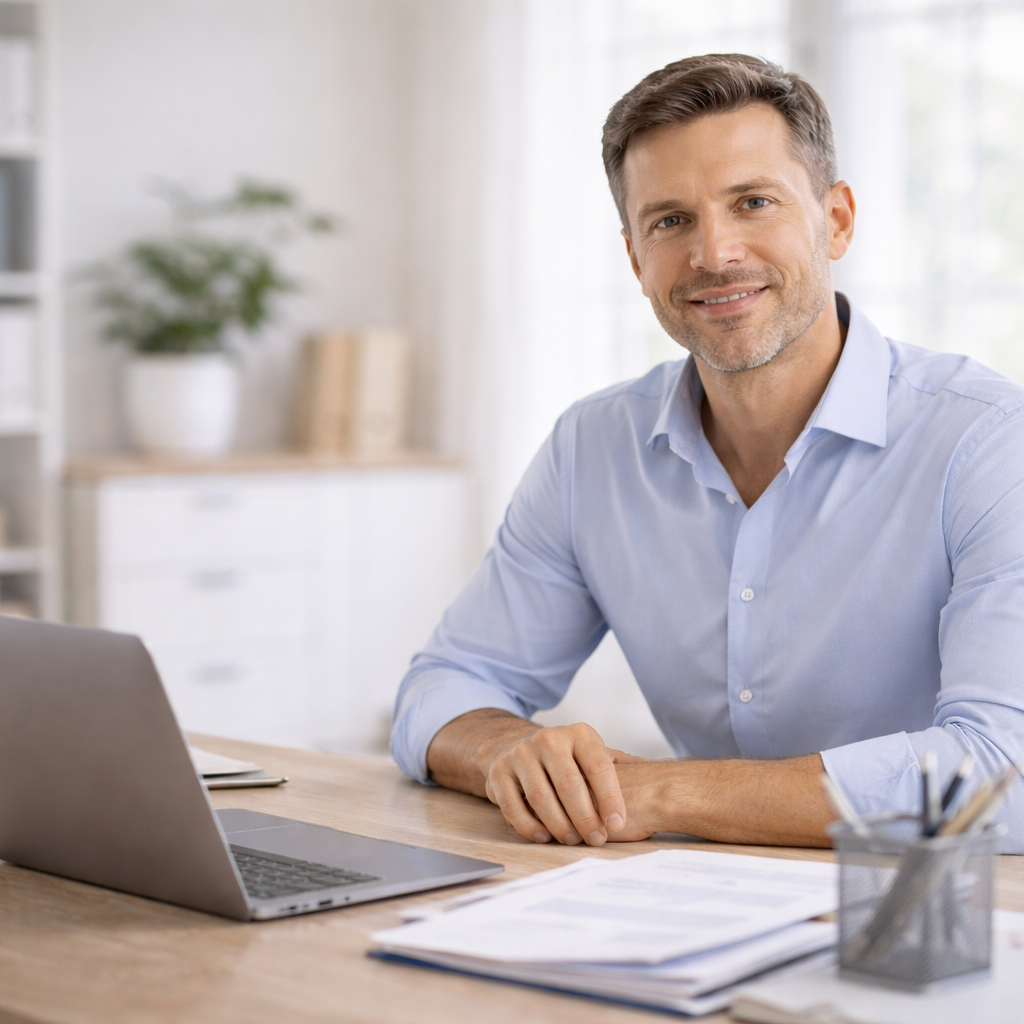 Dirigeant travaillant sereinement grâce à l’externalisation de la gestion administrative de son entreprise

